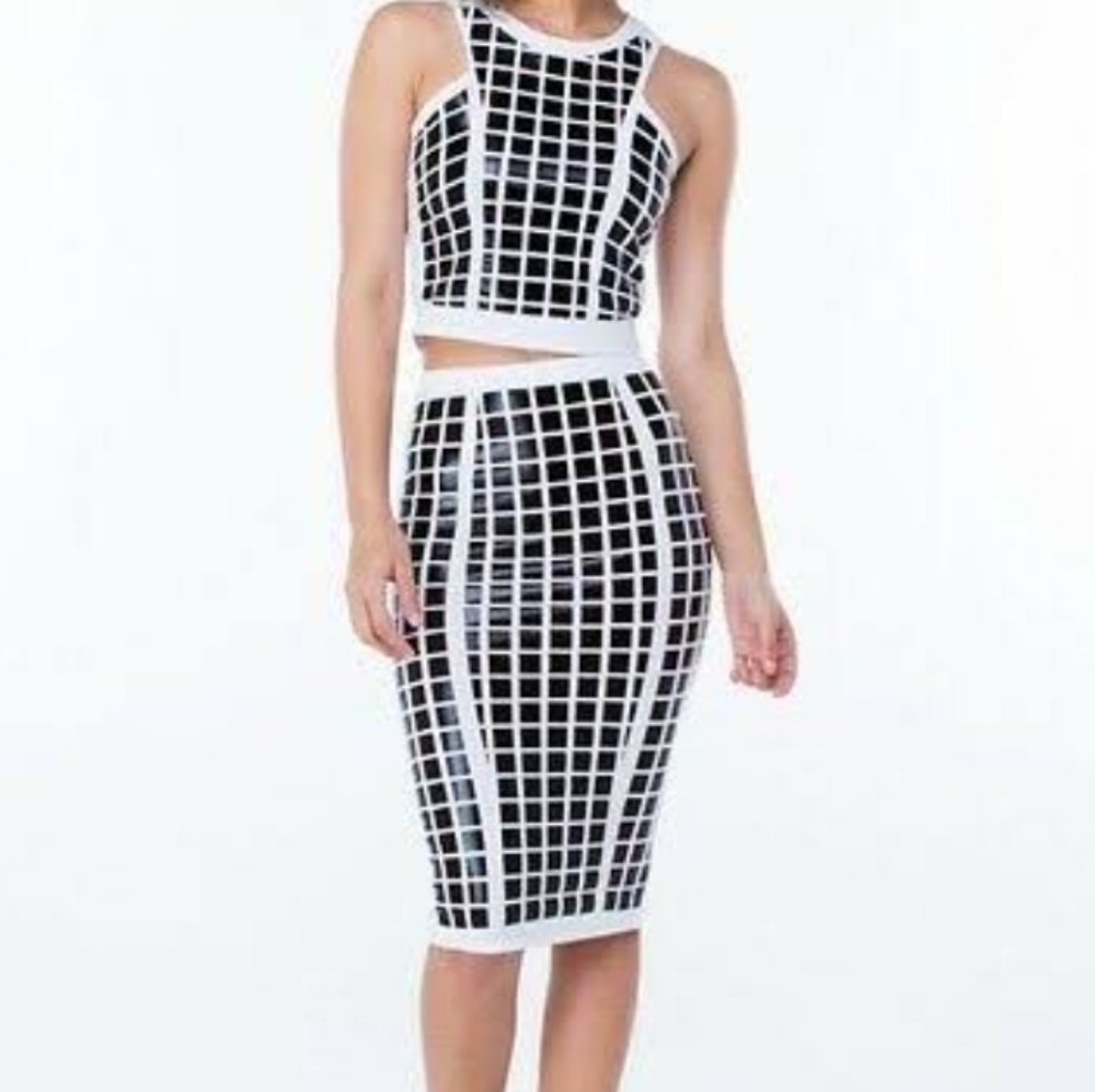 Ktoo White and Black Grid Co Ord Crop Top Midi Skirt